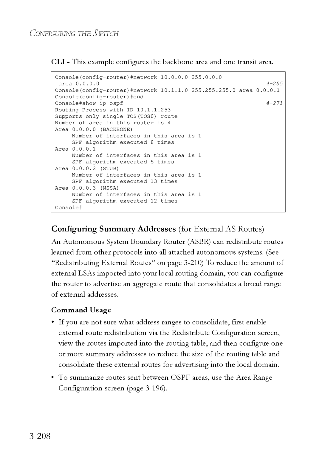 SMC Networks SMC6724L3 manual 208, Configuring Summary Addresses for External AS Routes 