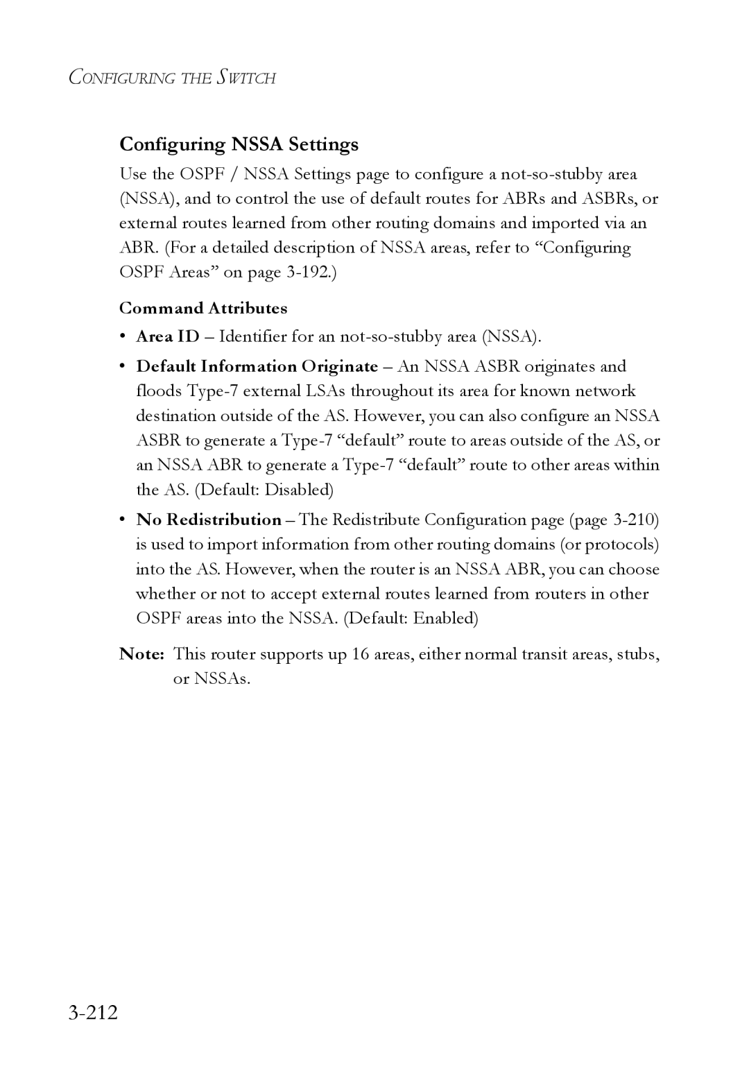 SMC Networks SMC6724L3 manual 212, Configuring Nssa Settings, Area ID Identifier for an not-so-stubby area Nssa 