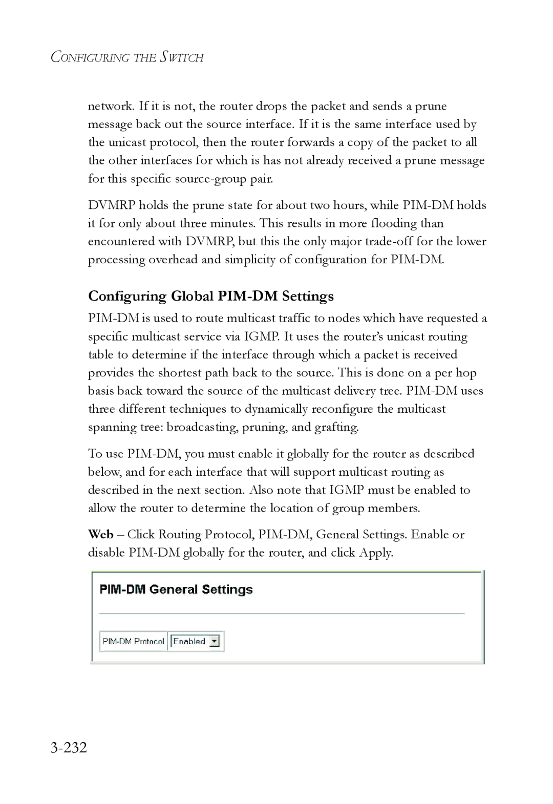 SMC Networks SMC6724L3 manual 232, Configuring Global PIM-DM Settings 