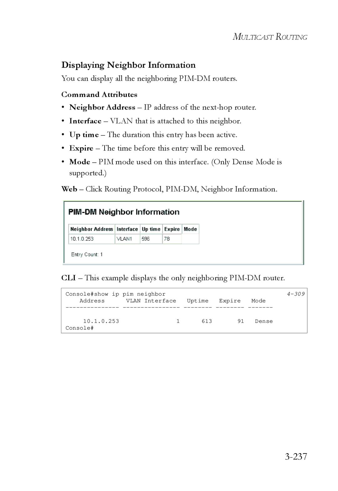 SMC Networks SMC6724L3 manual 237, You can display all the neighboring PIM-DM routers 