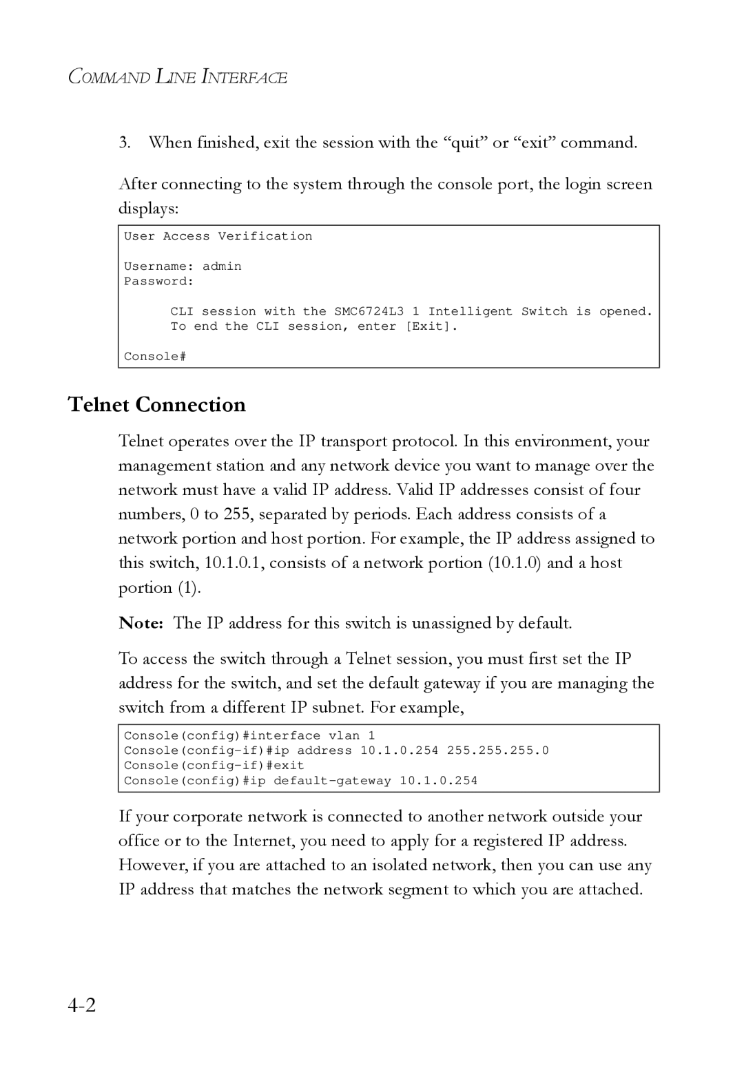 SMC Networks SMC6724L3 manual Telnet Connection 