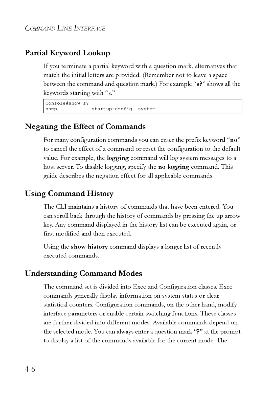 SMC Networks SMC6724L3 manual Partial Keyword Lookup, Negating the Effect of Commands, Using Command History 