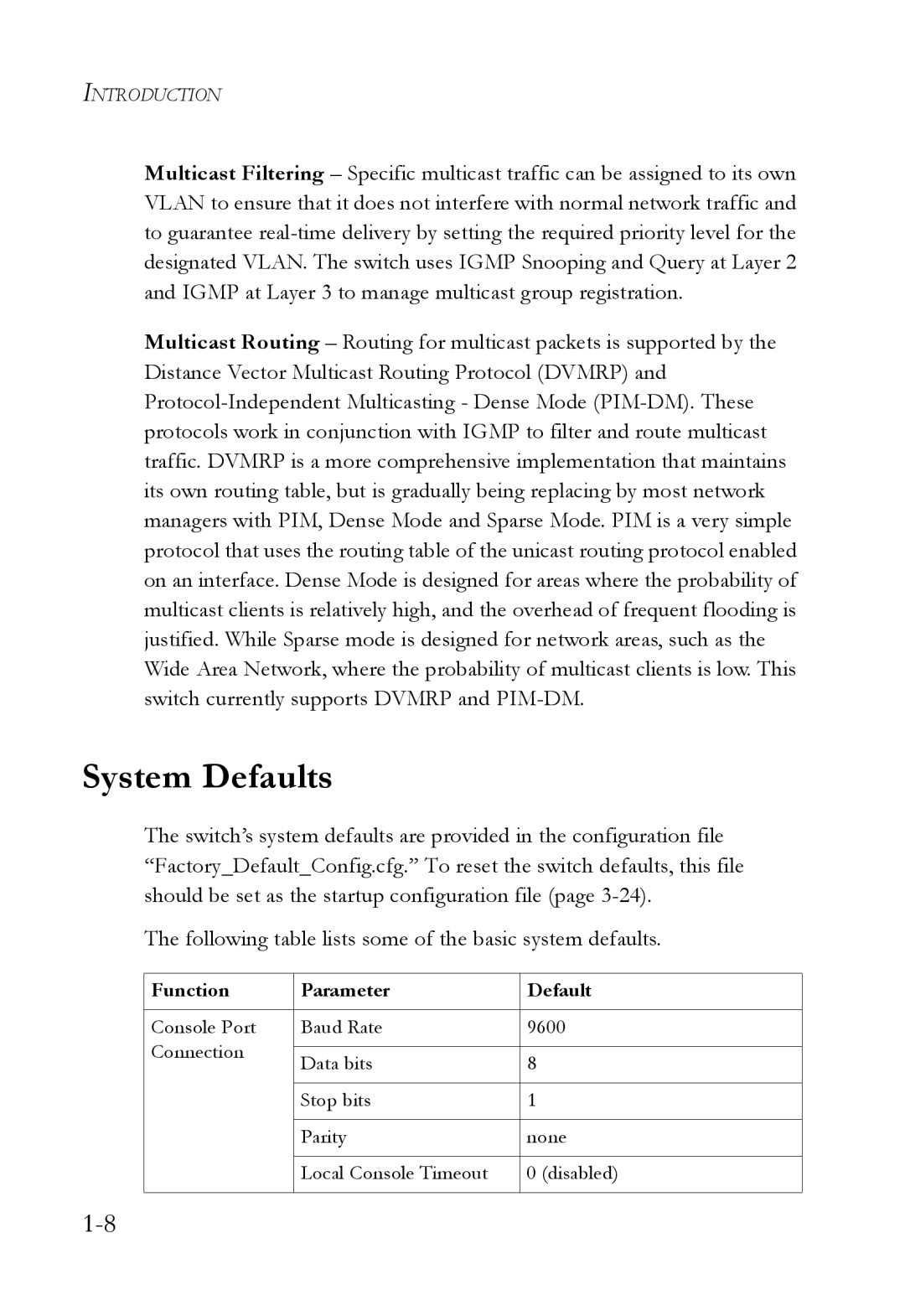 SMC Networks SMC6724L3 manual System Defaults, Function Parameter Default 