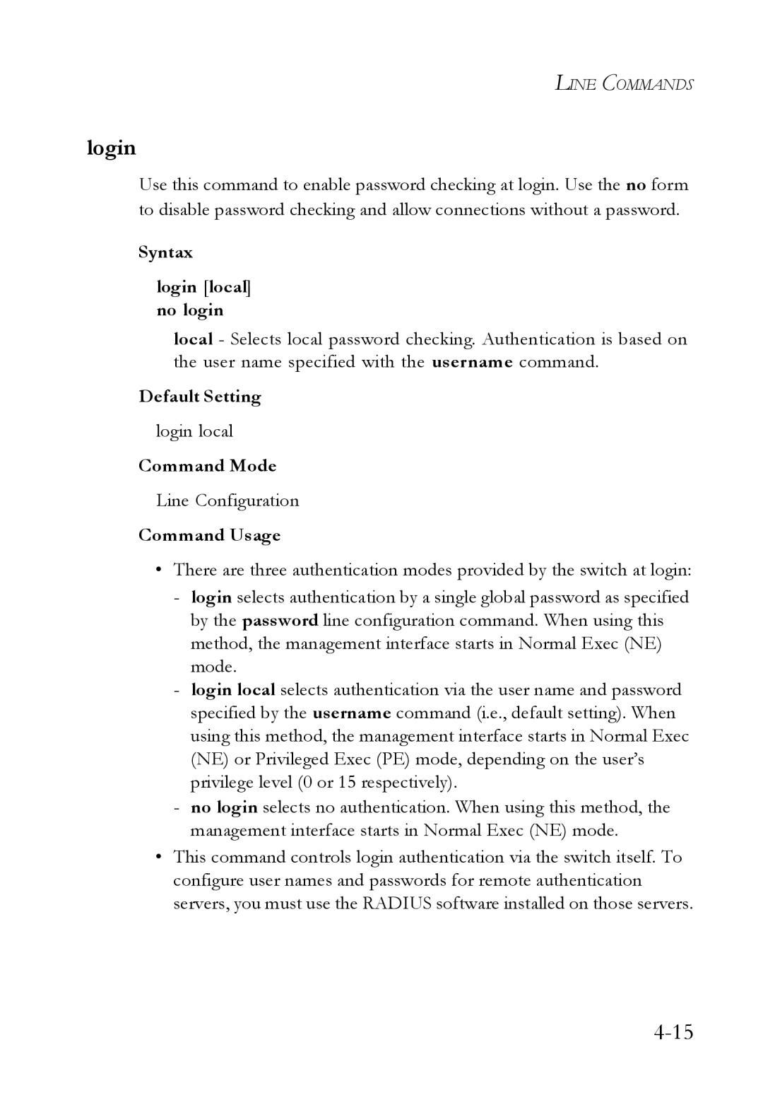 SMC Networks SMC6724L3 manual Syntax Login local no login, Line Configuration 