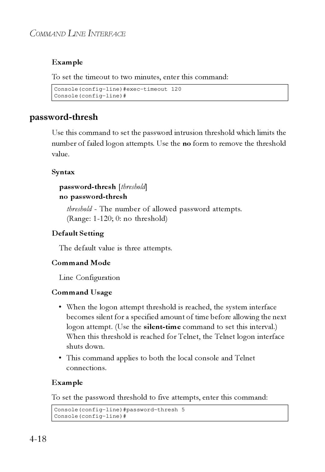 SMC Networks SMC6724L3 manual Password-thresh, To set the timeout to two minutes, enter this command 