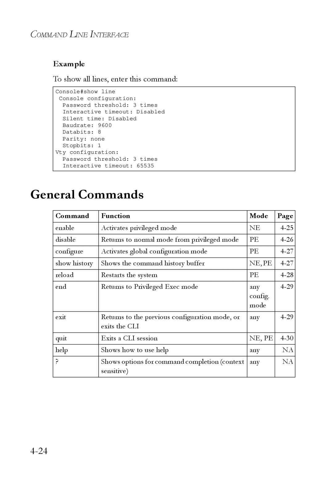 SMC Networks SMC6724L3 manual General Commands, To show all lines, enter this command 