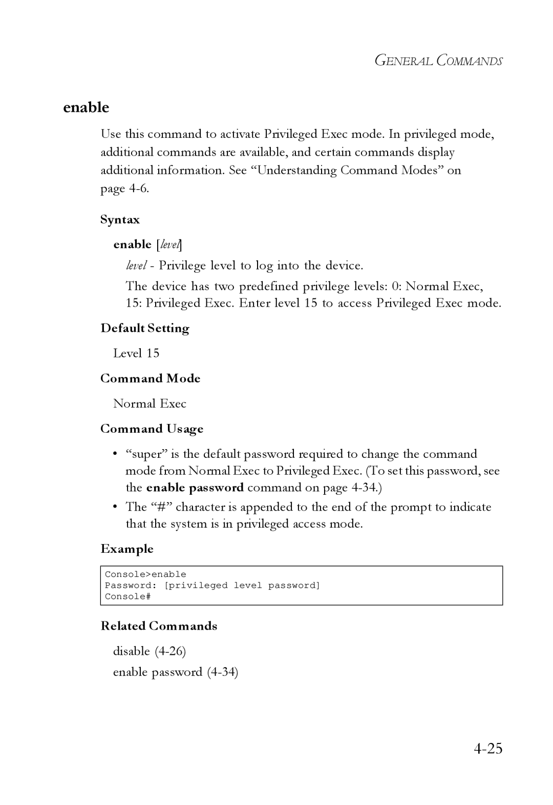 SMC Networks SMC6724L3 manual Syntax Enable level, Level, Normal Exec, Disable Enable password 