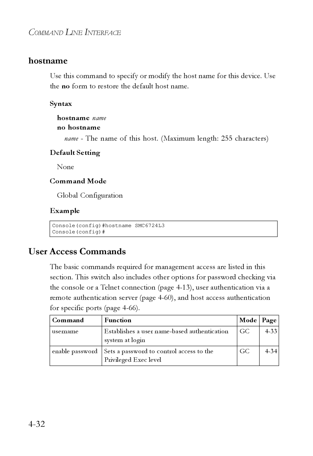 SMC Networks SMC6724L3 manual User Access Commands, Syntax Hostname name no hostname 