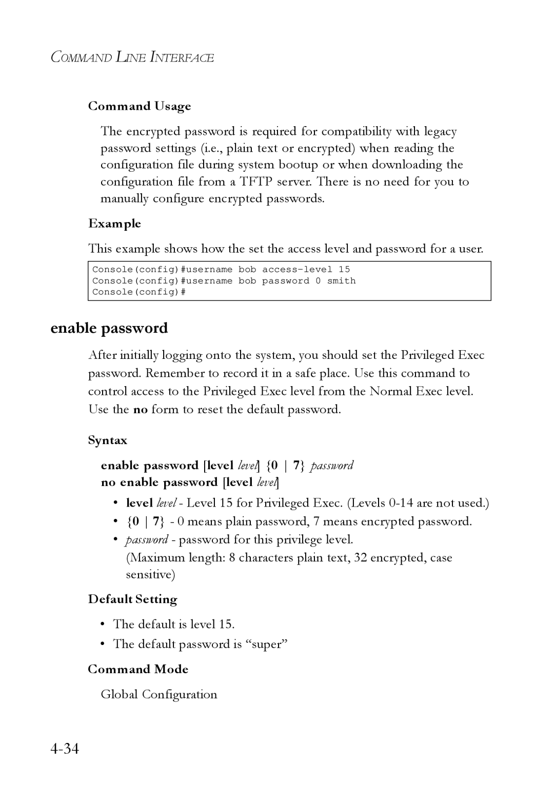 SMC Networks SMC6724L3 manual Enable password, Default is level Default password is super 