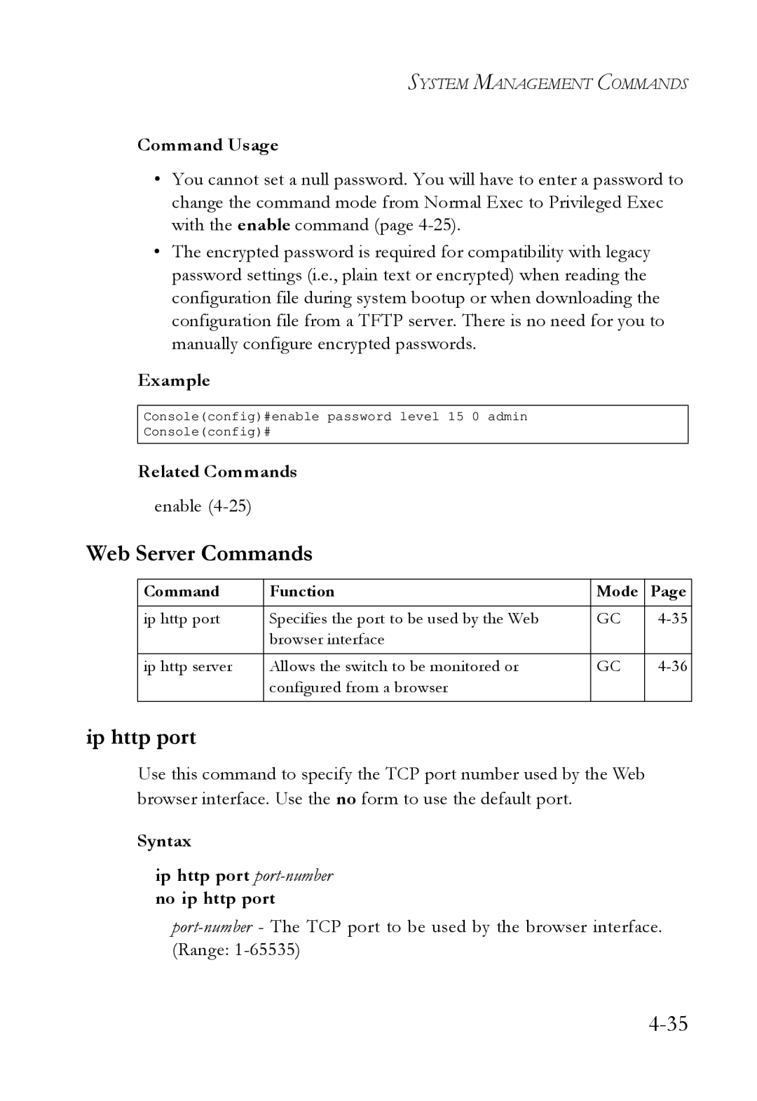 SMC Networks SMC6724L3 manual Web Server Commands, Syntax Ip http port port-numberno ip http port 