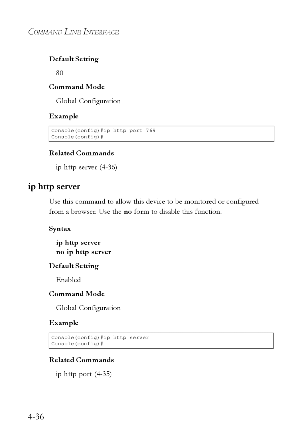 SMC Networks SMC6724L3 manual Ip http server, Default Setting Command Mode 