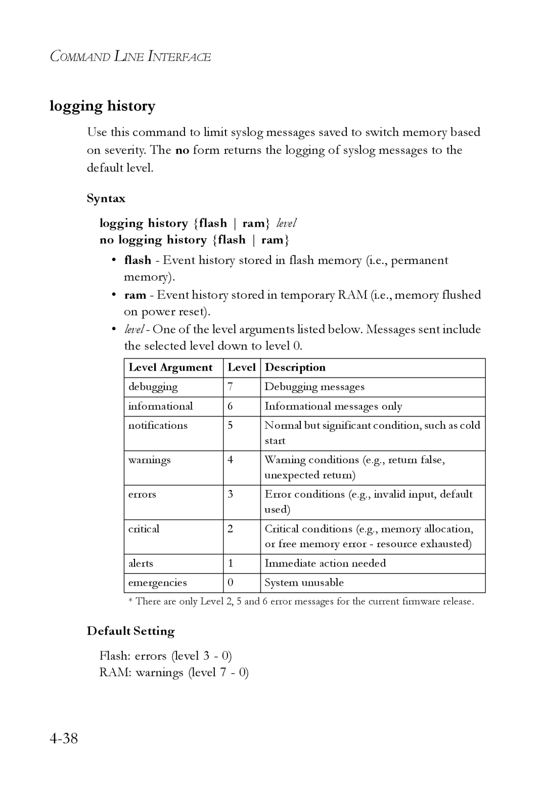 SMC Networks SMC6724L3 manual Logging history, Flash errors level 3 RAM warnings level 7 