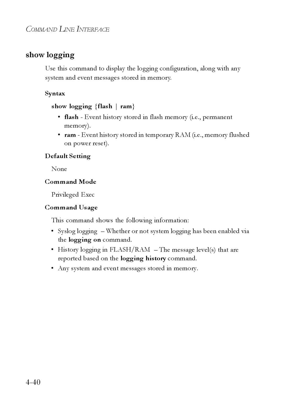 SMC Networks SMC6724L3 manual Syntax Show logging flash ram 