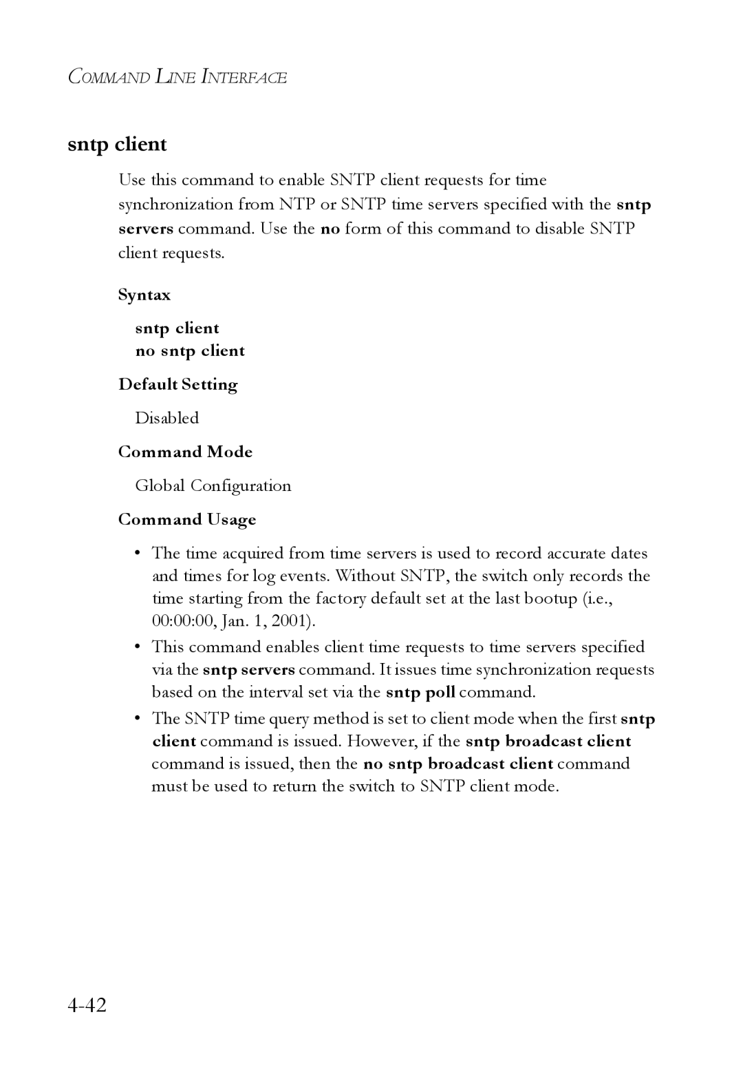 SMC Networks SMC6724L3 manual Syntax Sntp client no sntp client Default Setting, Disabled 