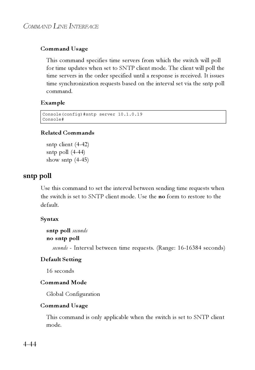 SMC Networks SMC6724L3 manual Sntp client 4-42 sntp poll 4-44 show sntp, Syntax Sntp poll seconds no sntp poll, Seconds 