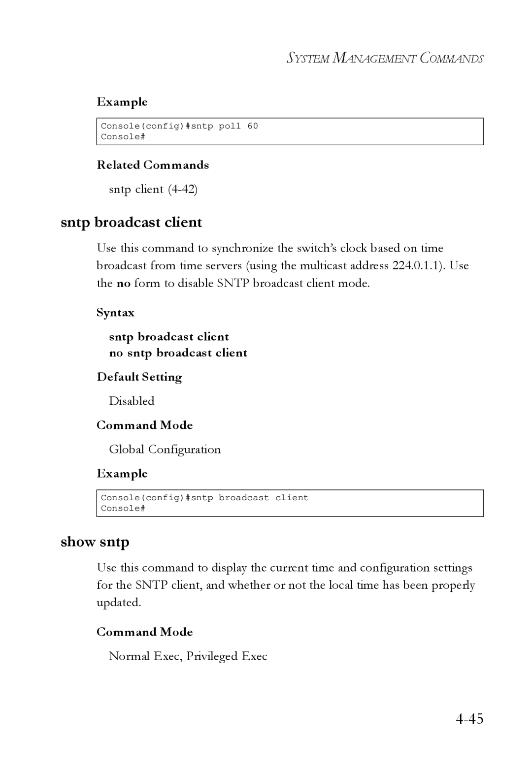 SMC Networks SMC6724L3 manual Sntp broadcast client, Show sntp 