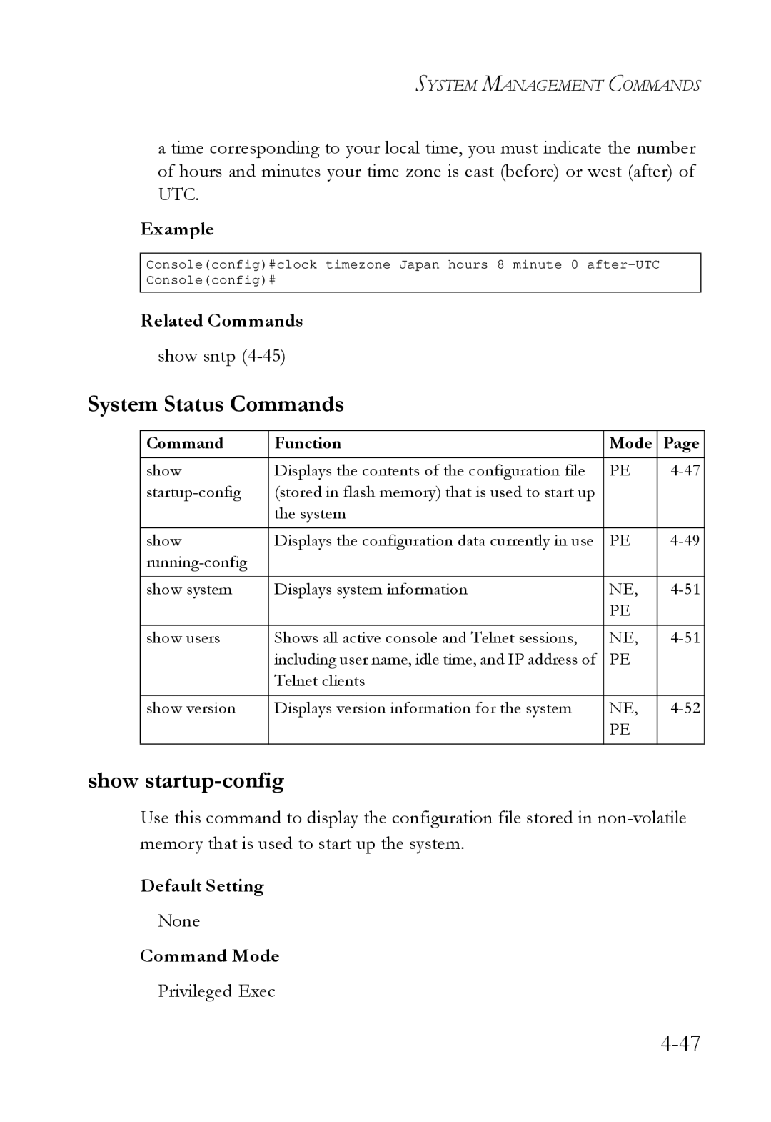 SMC Networks SMC6724L3 manual System Status Commands, Show startup-config 