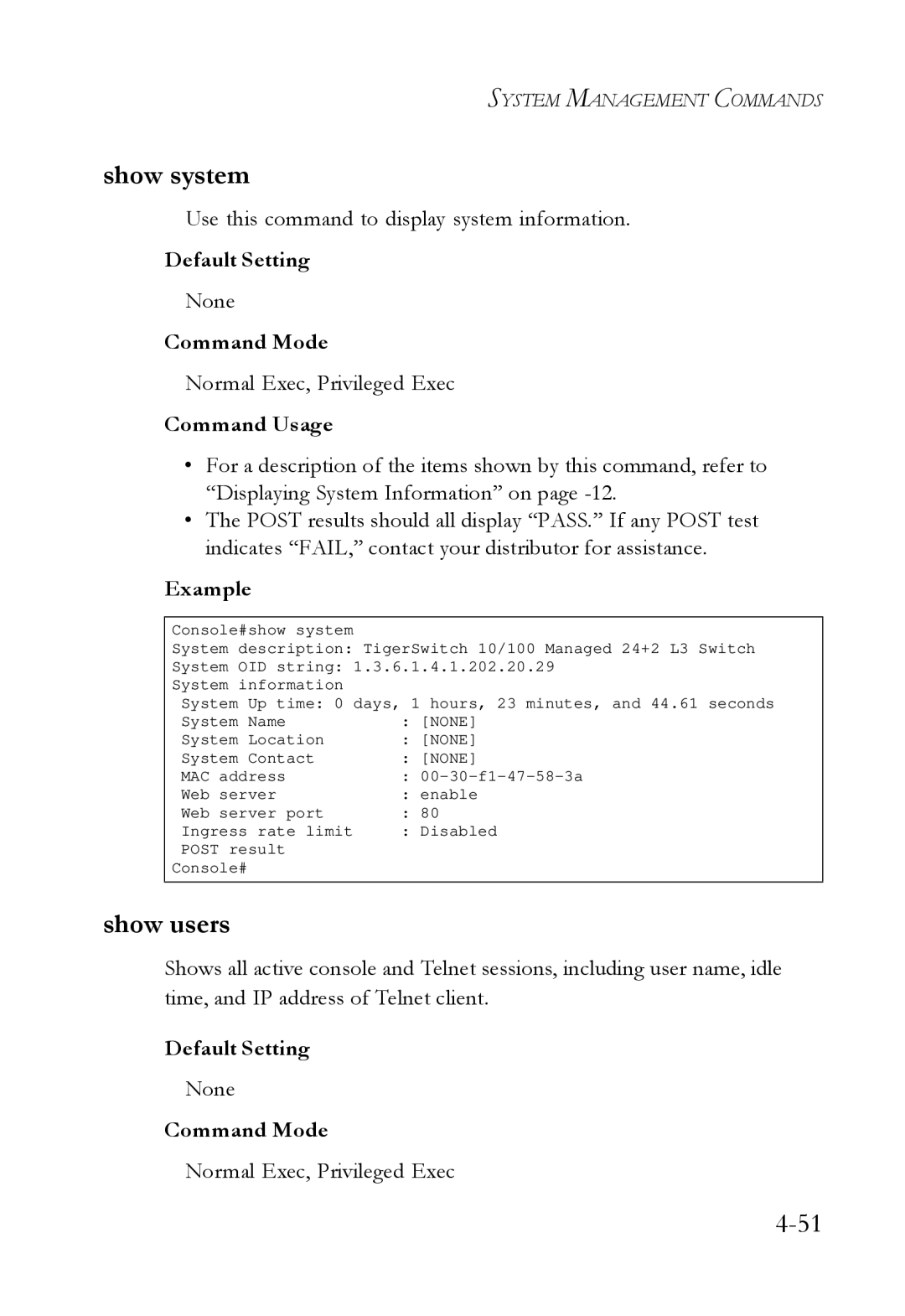 SMC Networks SMC6724L3 manual Show system, Show users, Use this command to display system information 