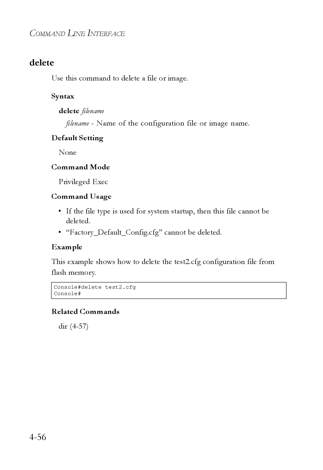 SMC Networks SMC6724L3 manual Use this command to delete a file or image, Syntax, Delete filename 