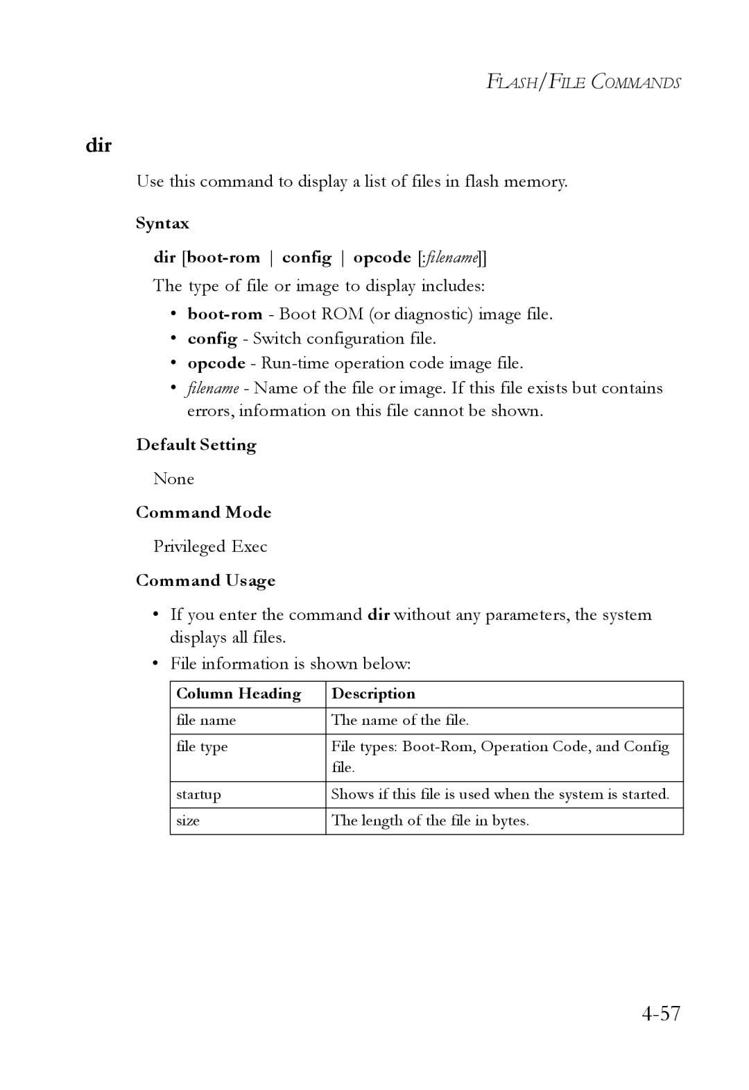 SMC Networks SMC6724L3 manual Dir, Use this command to display a list of files in flash memory 