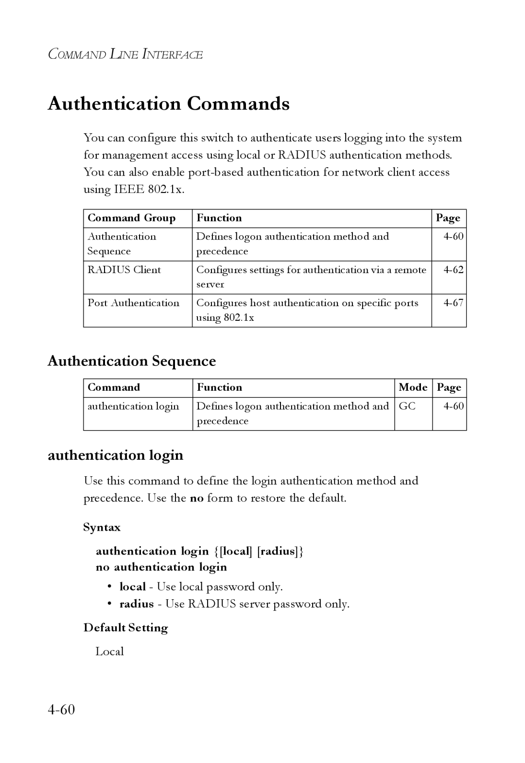 SMC Networks SMC6724L3 manual Authentication Commands, Authentication Sequence, Authentication login, Local 