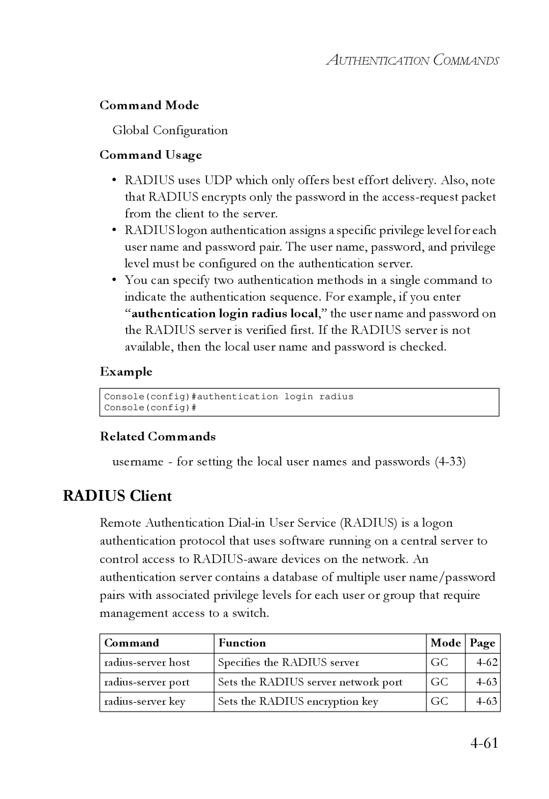 SMC Networks SMC6724L3 manual Radius Client, Username for setting the local user names and passwords 