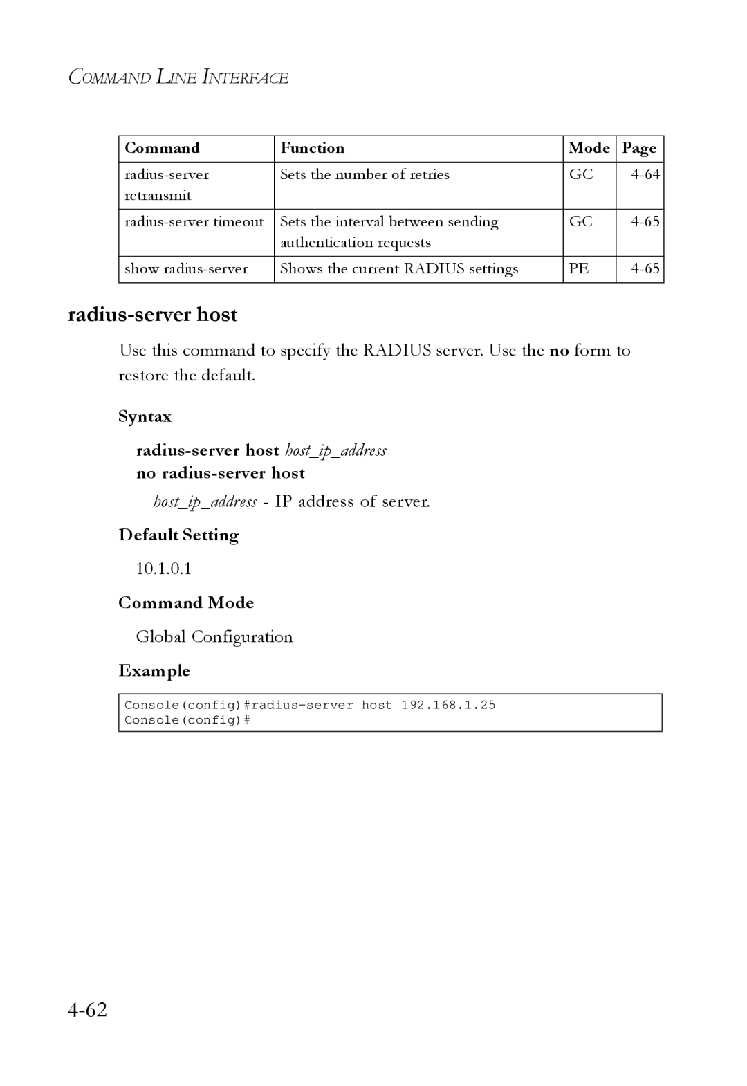 SMC Networks SMC6724L3 manual Radius-server host, Hostipaddress IP address of server, 10.1.0.1 