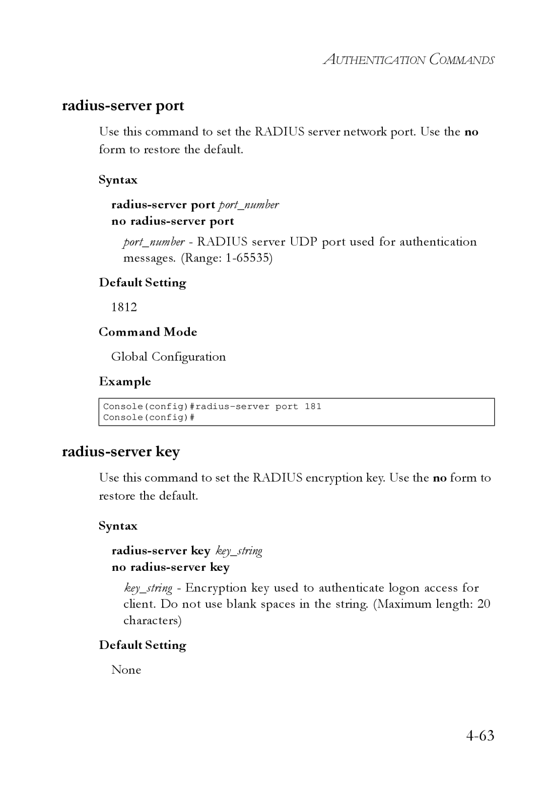 SMC Networks SMC6724L3 manual Radius-server key, Syntax Radius-server port portnumber no radius-server port, 1812 