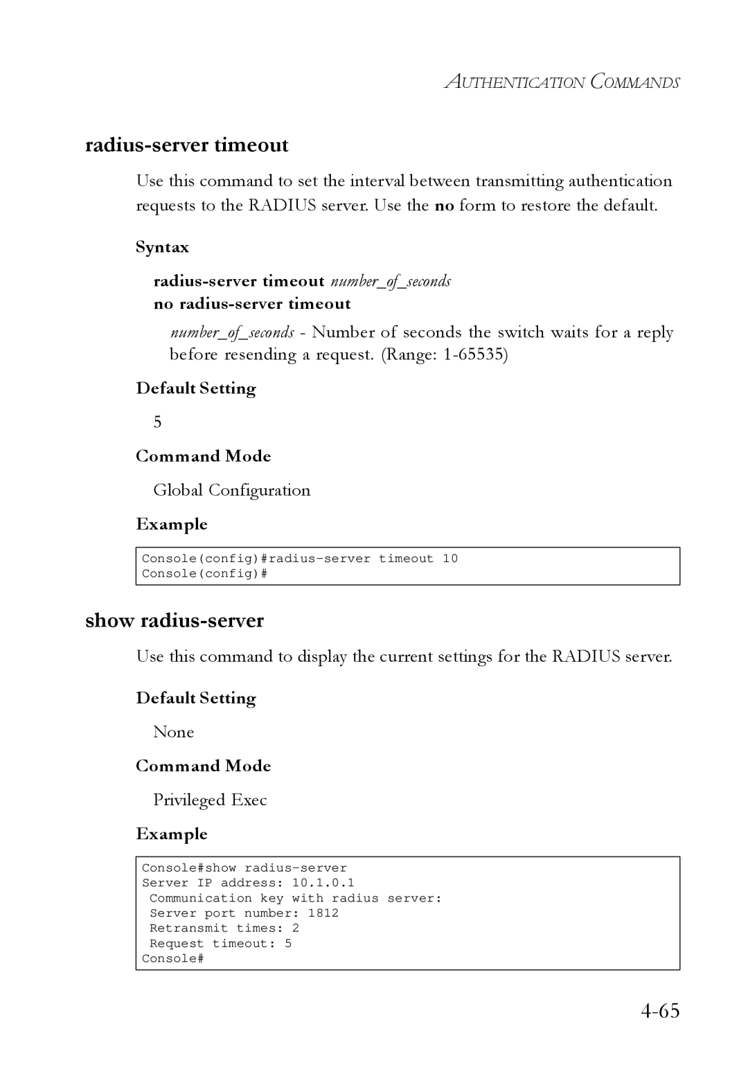 SMC Networks SMC6724L3 manual Radius-server timeout, Show radius-server 