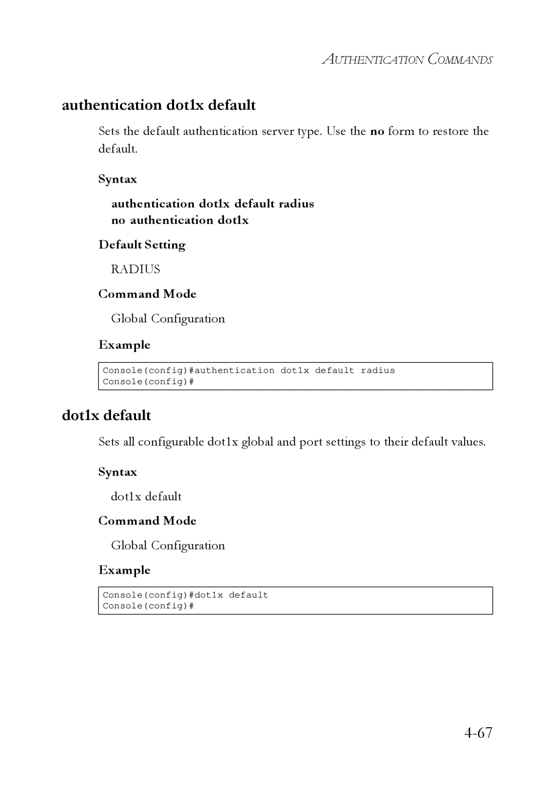 SMC Networks SMC6724L3 manual Authentication dot1x default, Dot1x default 