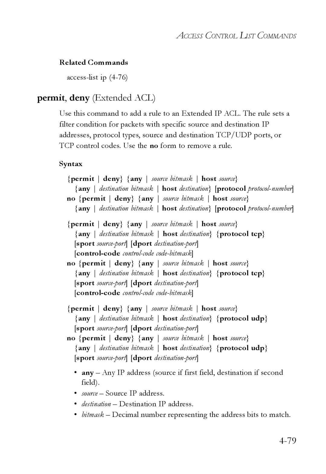 SMC Networks SMC6724L3 manual Permit, deny Extended ACL, Access-list ip 