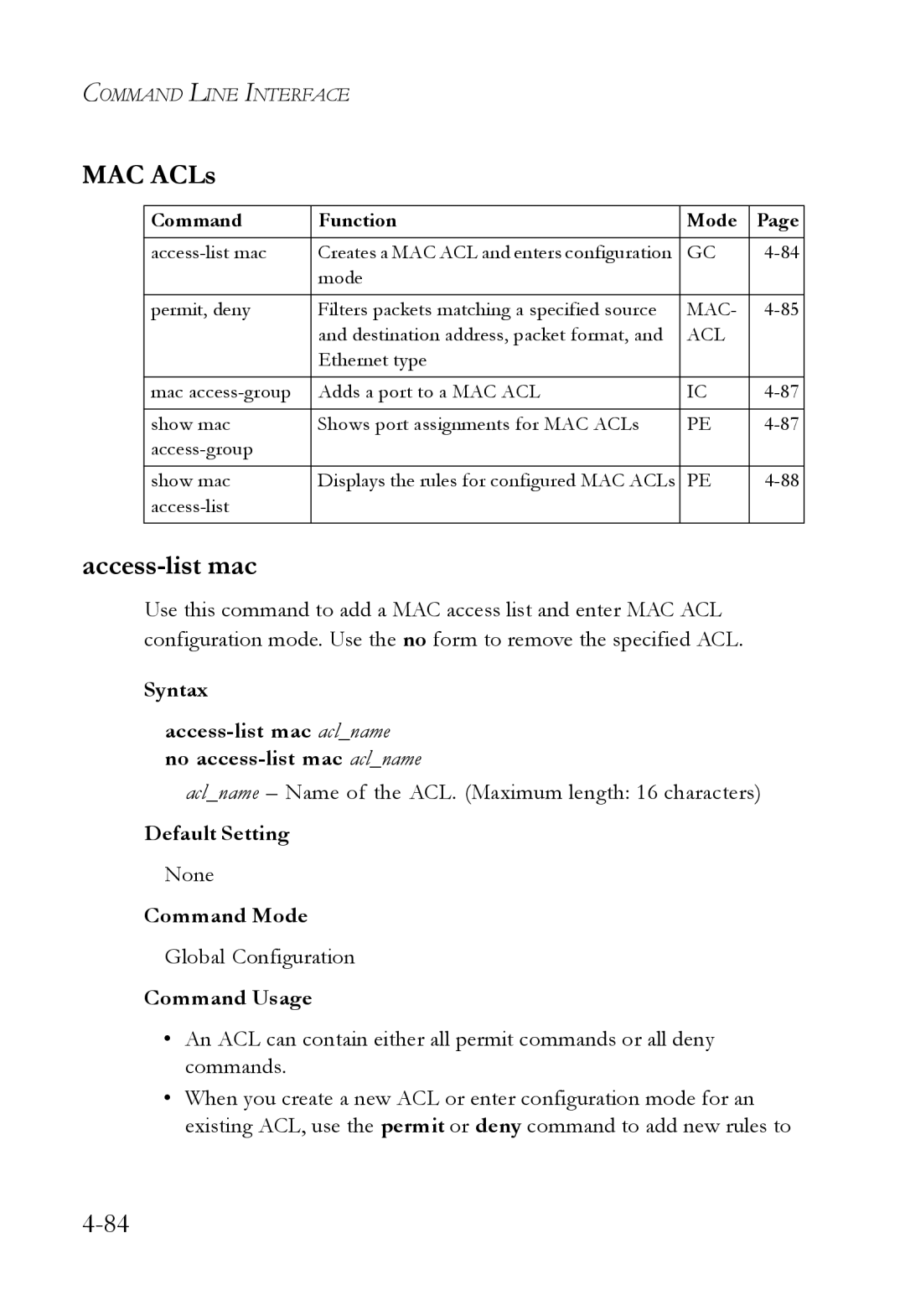 SMC Networks SMC6724L3 manual MAC ACLs, Syntax Access-list mac aclname no access-list mac aclname 