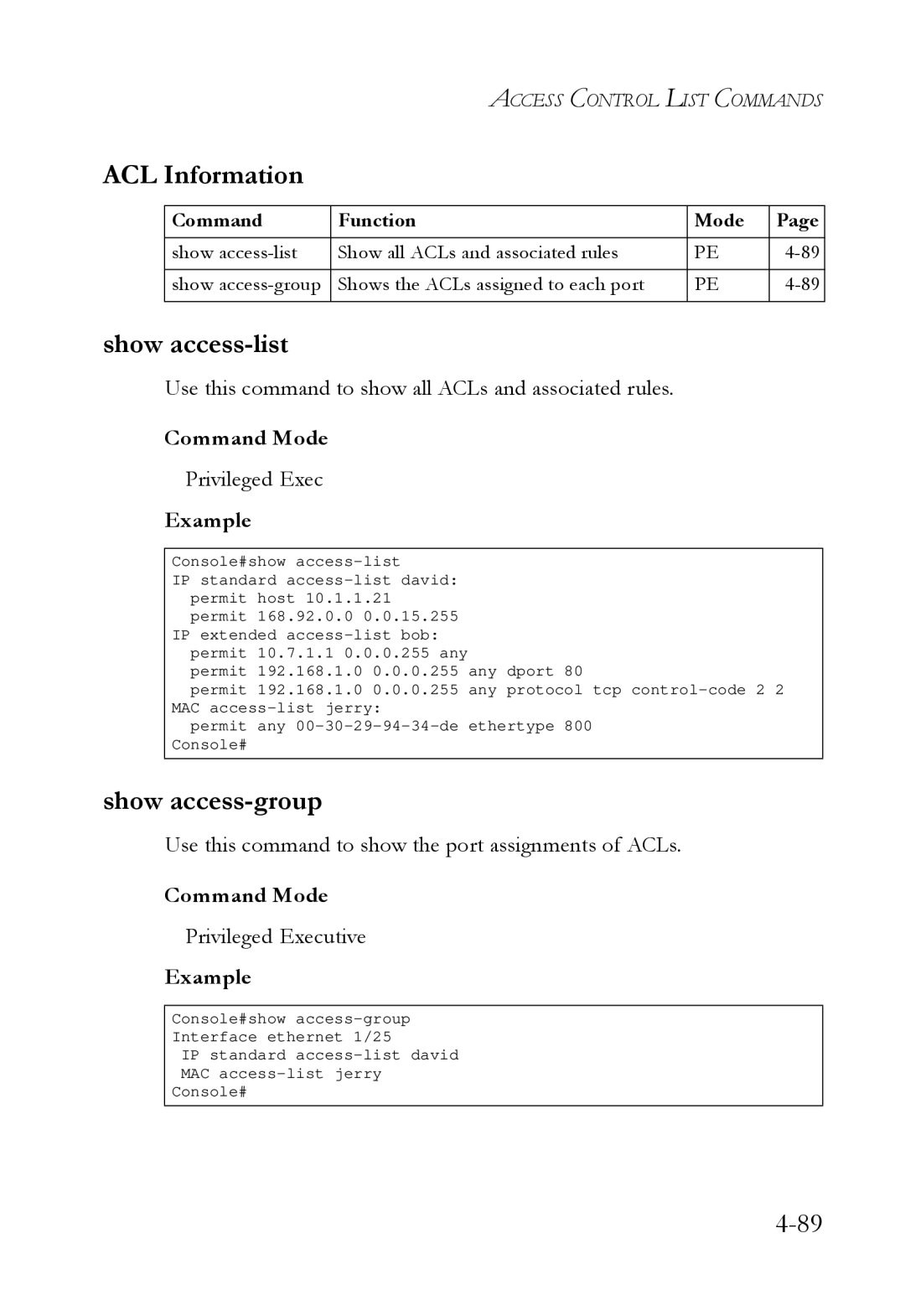 SMC Networks SMC6724L3 manual ACL Information, Show access-list, Show access-group 