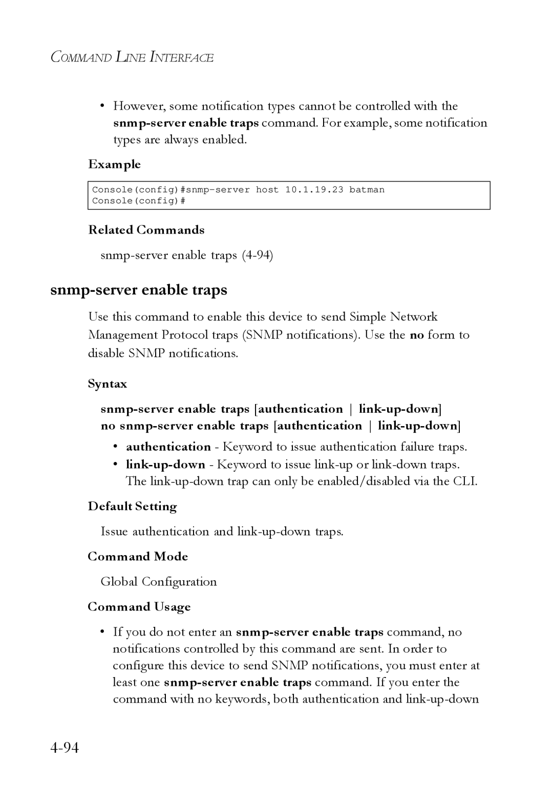 SMC Networks SMC6724L3 manual Snmp-server enable traps, Issue authentication and link-up-down traps 