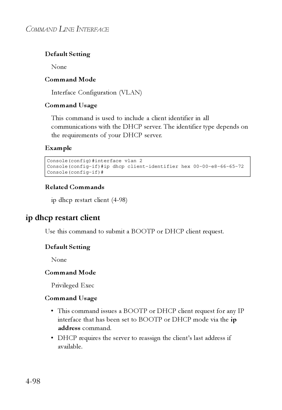 SMC Networks SMC6724L3 manual Ip dhcp restart client, Interface Configuration Vlan 