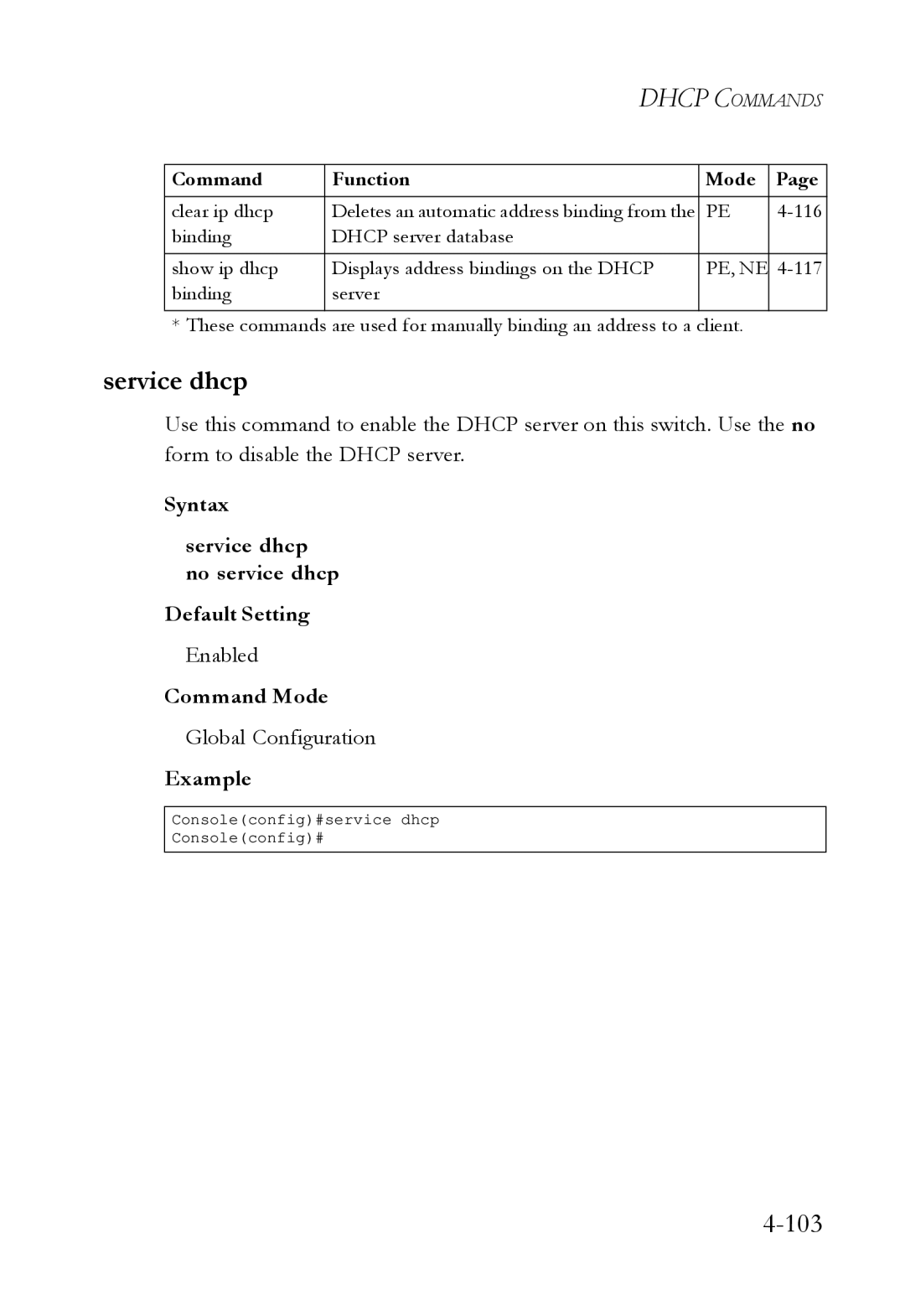 SMC Networks SMC6724L3 manual Syntax Service dhcp no service dhcp Default Setting 