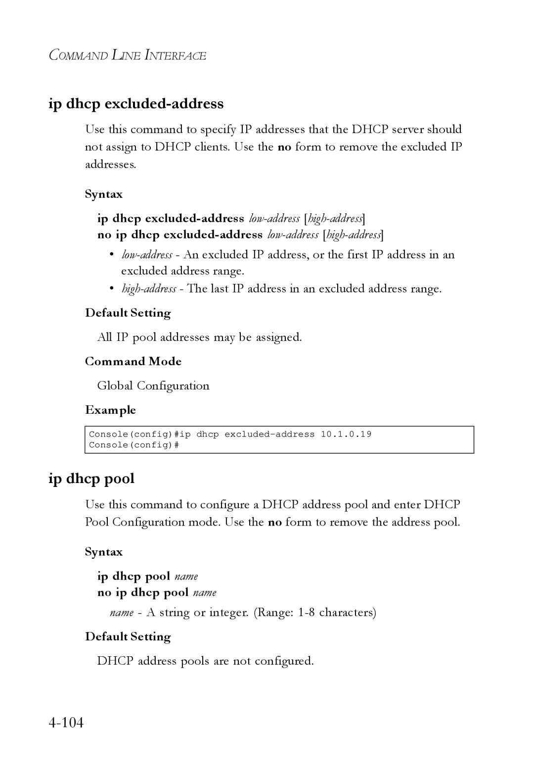 SMC Networks SMC6724L3 manual Ip dhcp excluded-address, Syntax Ip dhcp pool name no ip dhcp pool name 