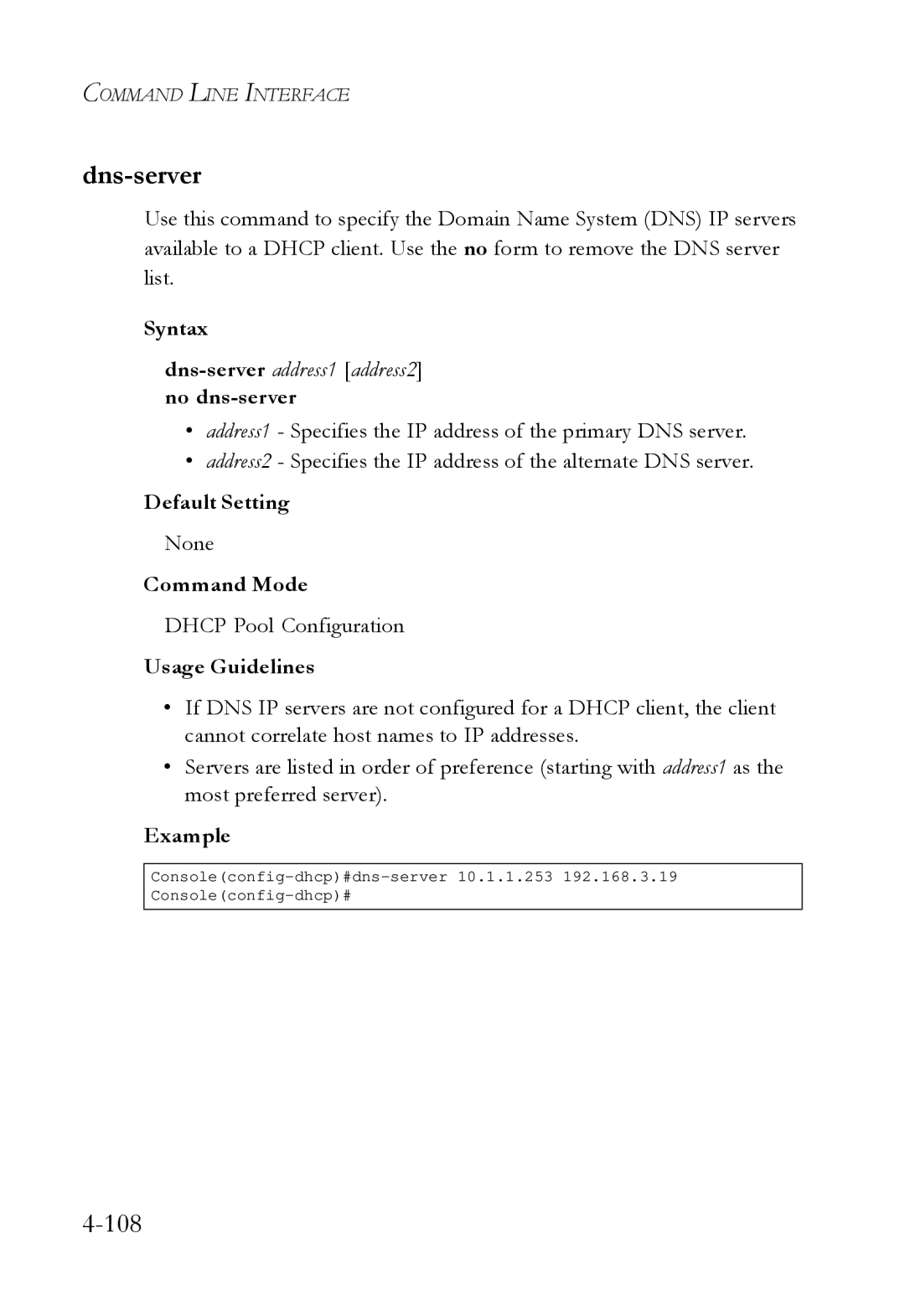 SMC Networks SMC6724L3 manual Dns-serveraddress1 address2 no dns-server 