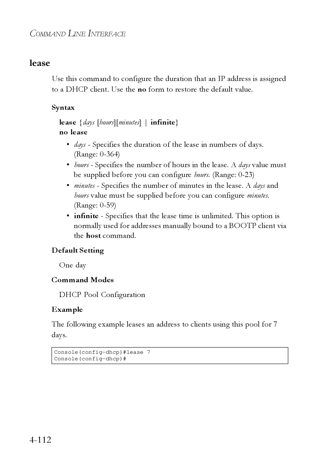 SMC Networks SMC6724L3 manual Lease days hoursminutes infinite no lease, One day, Command Modes 