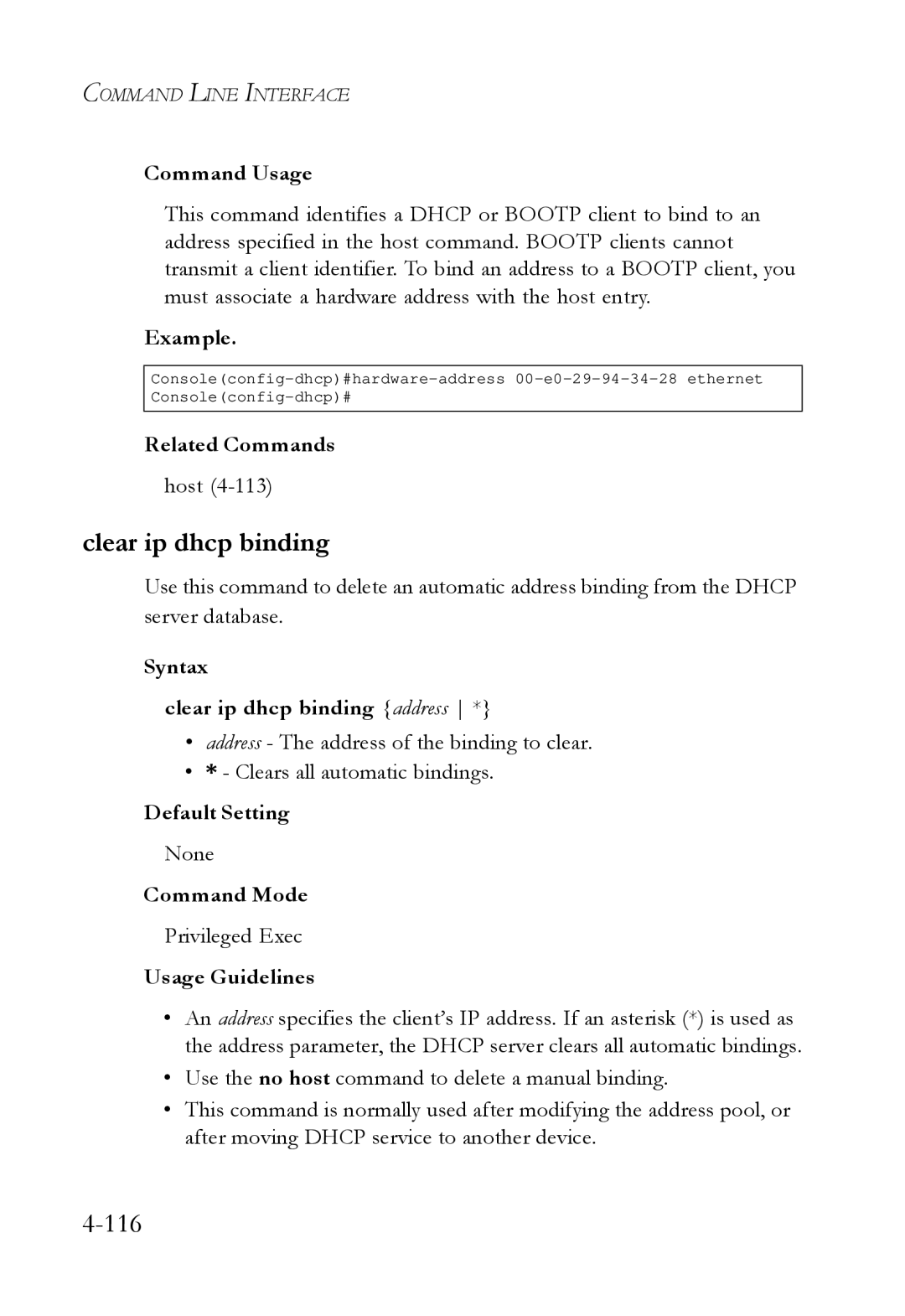 SMC Networks SMC6724L3 manual Syntax Clear ip dhcp binding address 