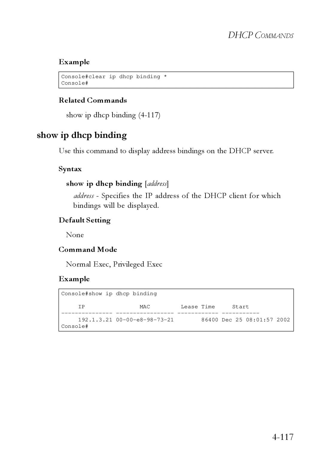 SMC Networks SMC6724L3 manual Syntax Show ip dhcp binding address 