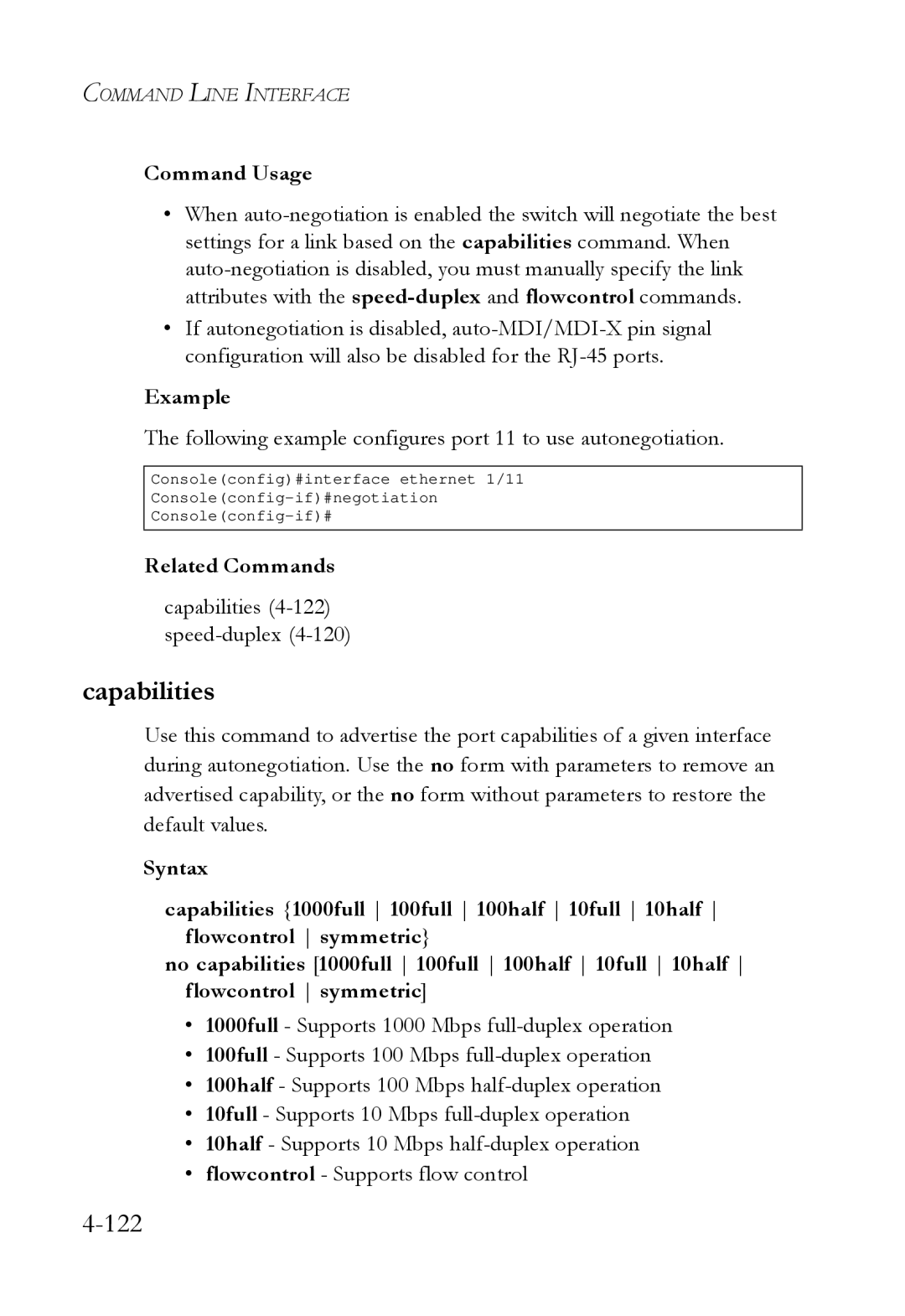 SMC Networks SMC6724L3 manual Capabilities, Following example configures port 11 to use autonegotiation 