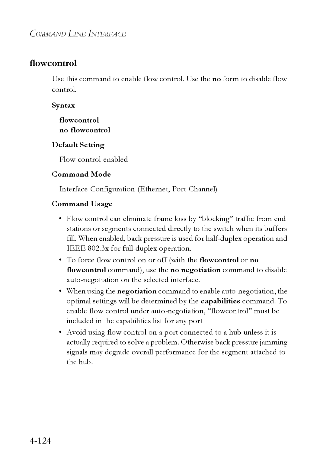 SMC Networks SMC6724L3 manual Syntax Flowcontrol no flowcontrol Default Setting, Flow control enabled 