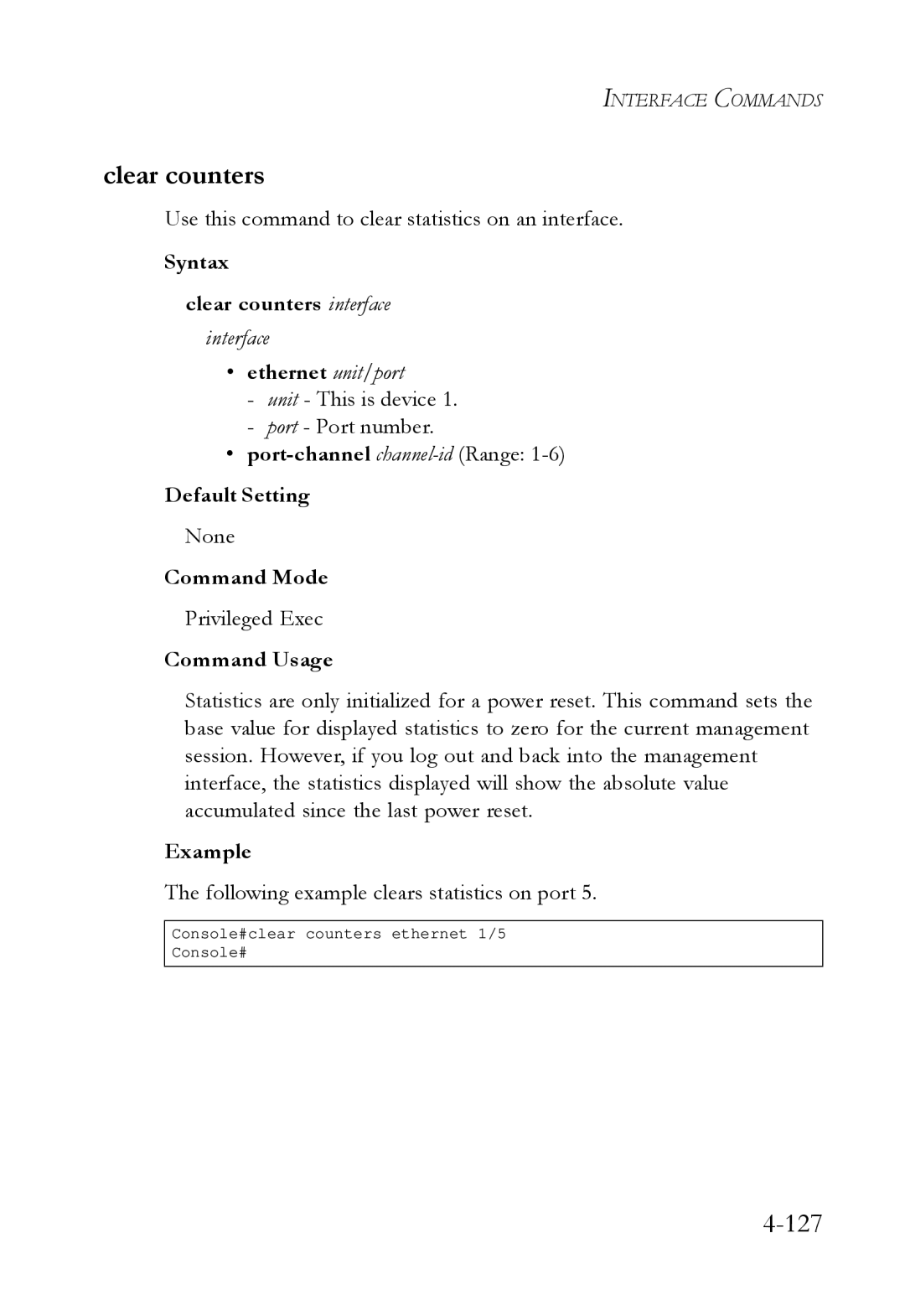 SMC Networks SMC6724L3 manual Clear counters, Use this command to clear statistics on an interface 