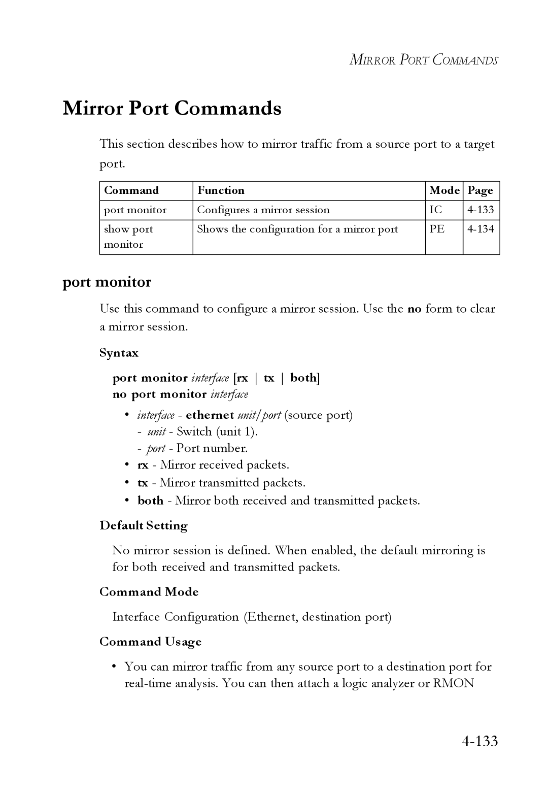 SMC Networks SMC6724L3 manual Mirror Port Commands, Port monitor, Interface ethernet unit/port source port 