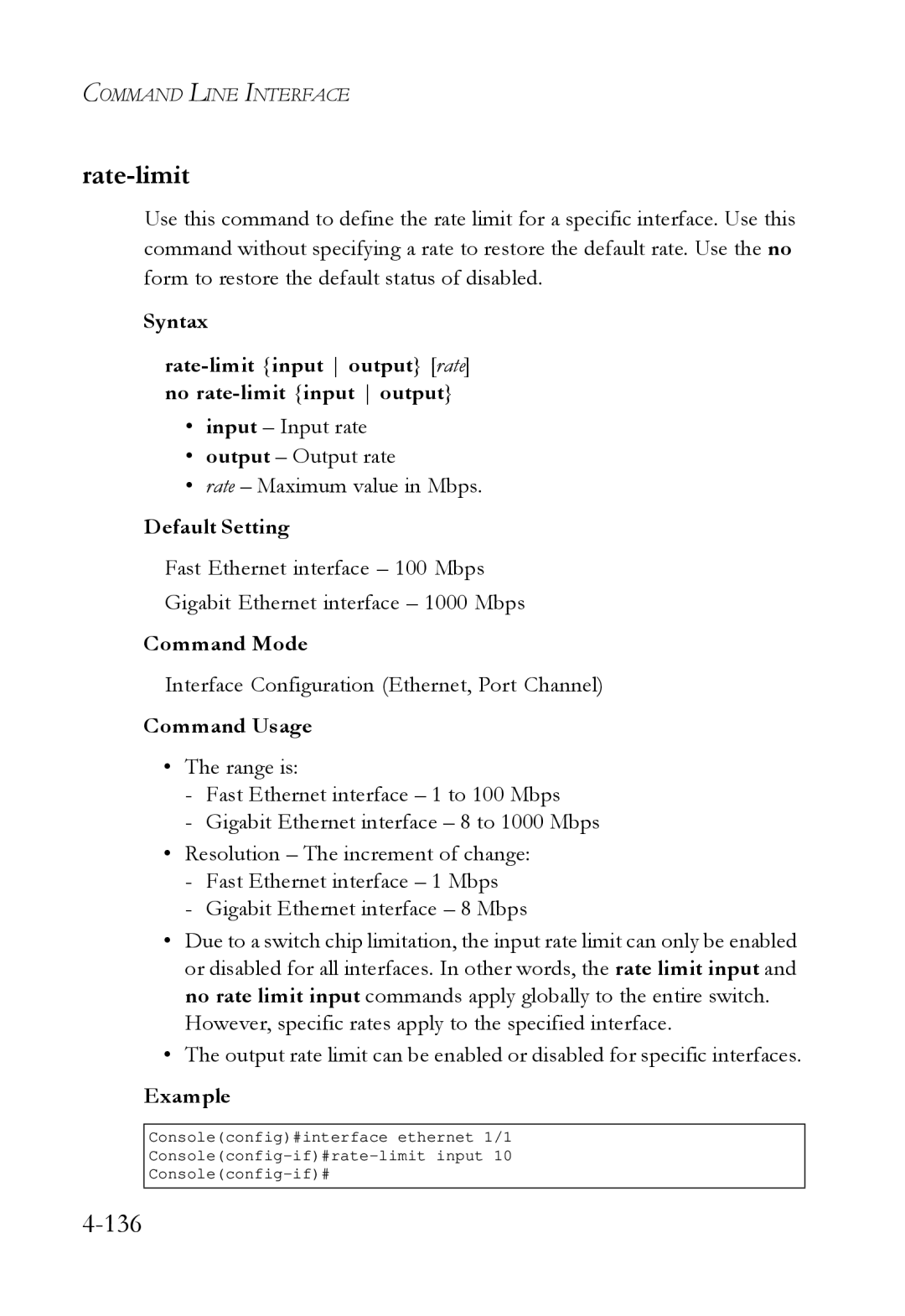 SMC Networks SMC6724L3 manual Rate-limit, Interface Configuration Ethernet, Port Channel 