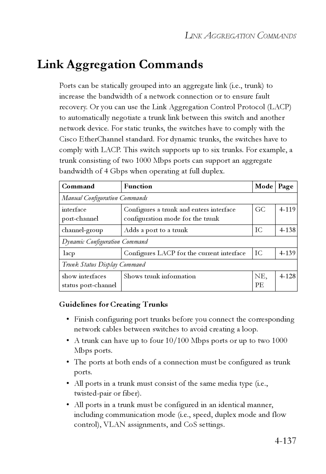 SMC Networks SMC6724L3 manual Link Aggregation Commands, Guidelines for Creating Trunks 