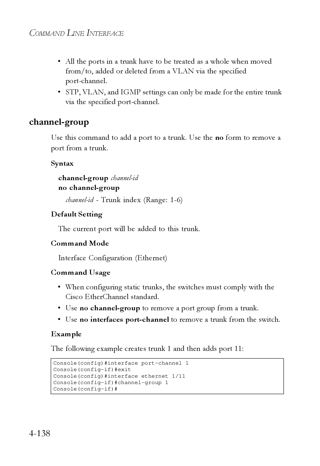 SMC Networks SMC6724L3 manual Syntax Channel-group channel-idno channel-group, Channel-id- Trunk index Range 