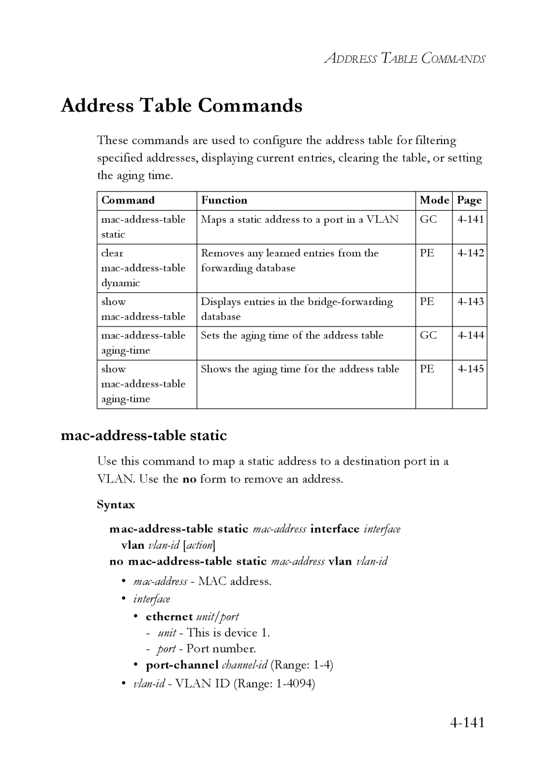 SMC Networks SMC6724L3 Address Table Commands, Mac-address-table static, Mac-address- MAC address, Vlan-id- Vlan ID Range 