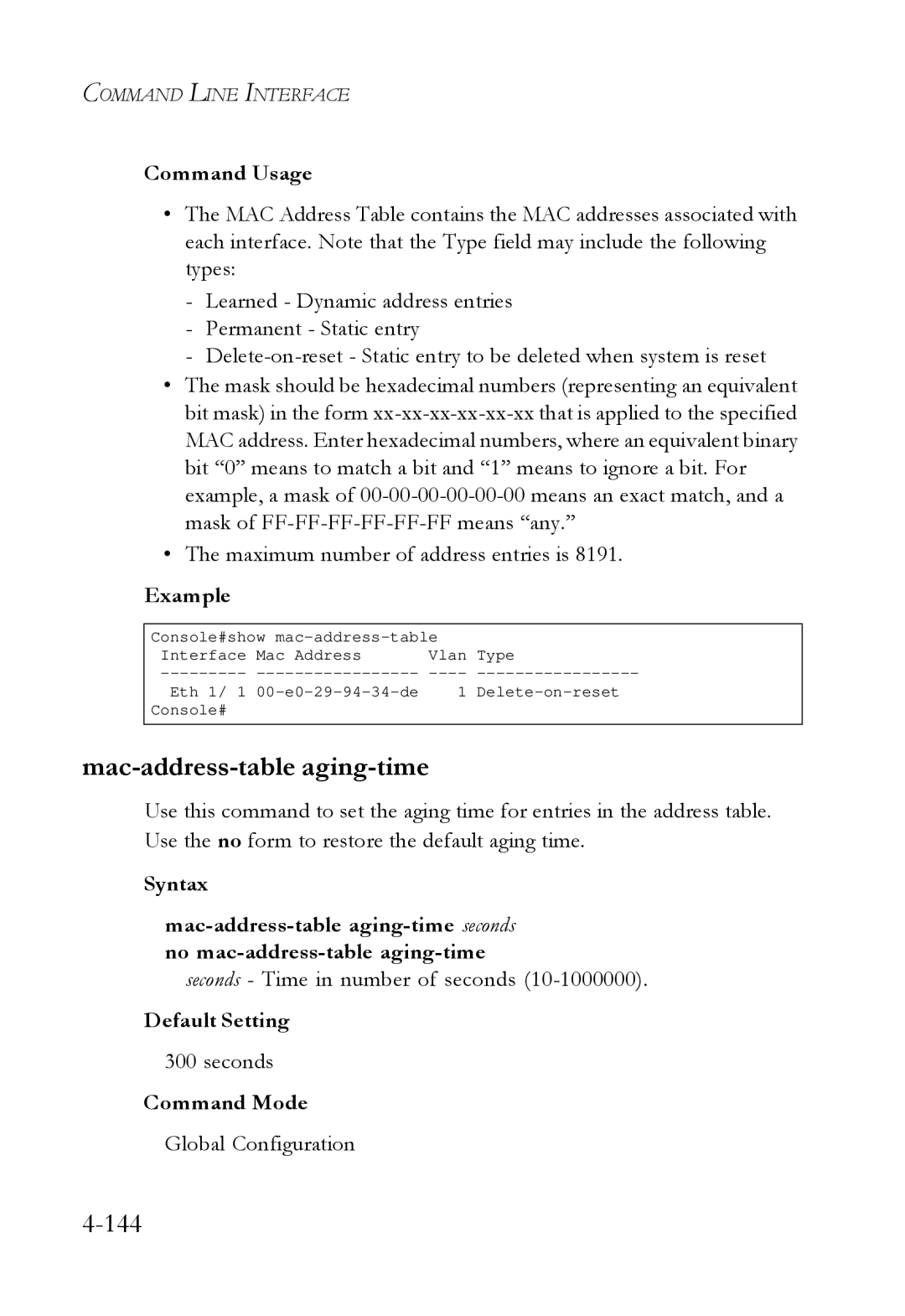 SMC Networks SMC6724L3 manual Mac-address-table aging-time, Seconds Time in number of seconds 